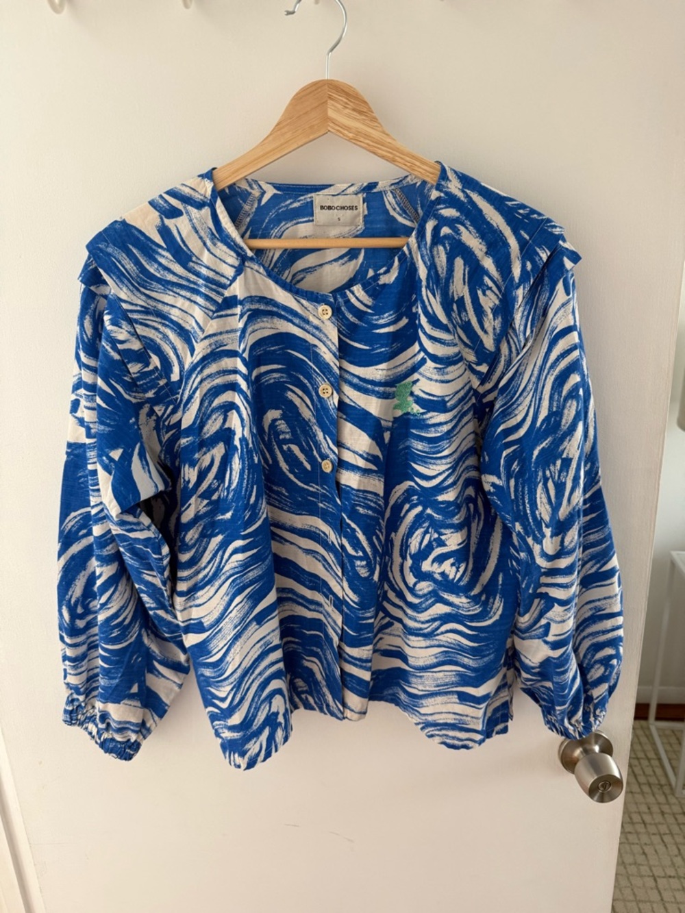 Bobo Choses organic cotton blouse blue and off-white abstract swirl Size Small